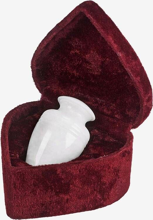 Small/Keepsake Solid White Marble Funeral Cremation Urn With Velvet Heart Box