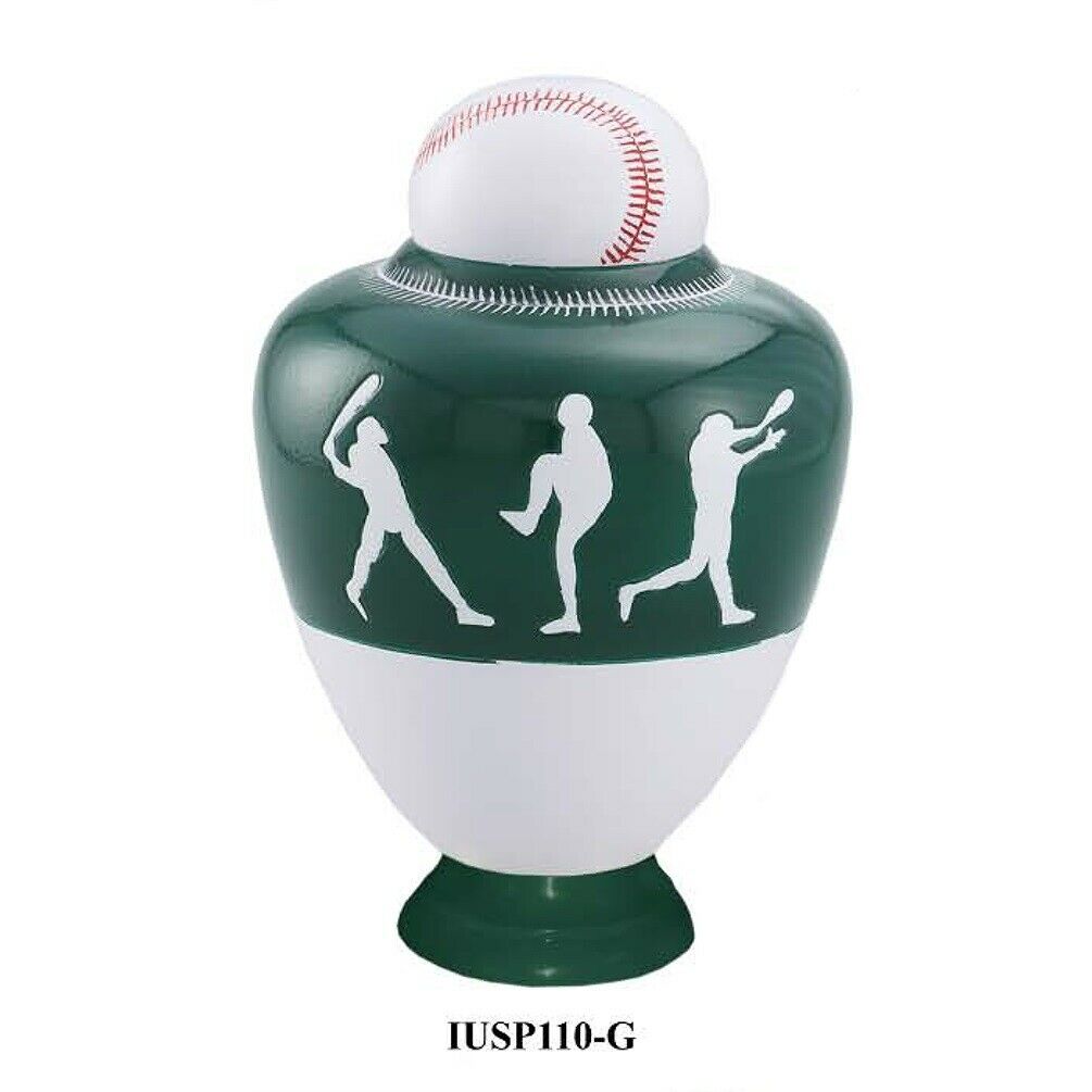 Large/Adult 200 Cubic Inch Metal Green Baseball Team Funeral Cremation Urn