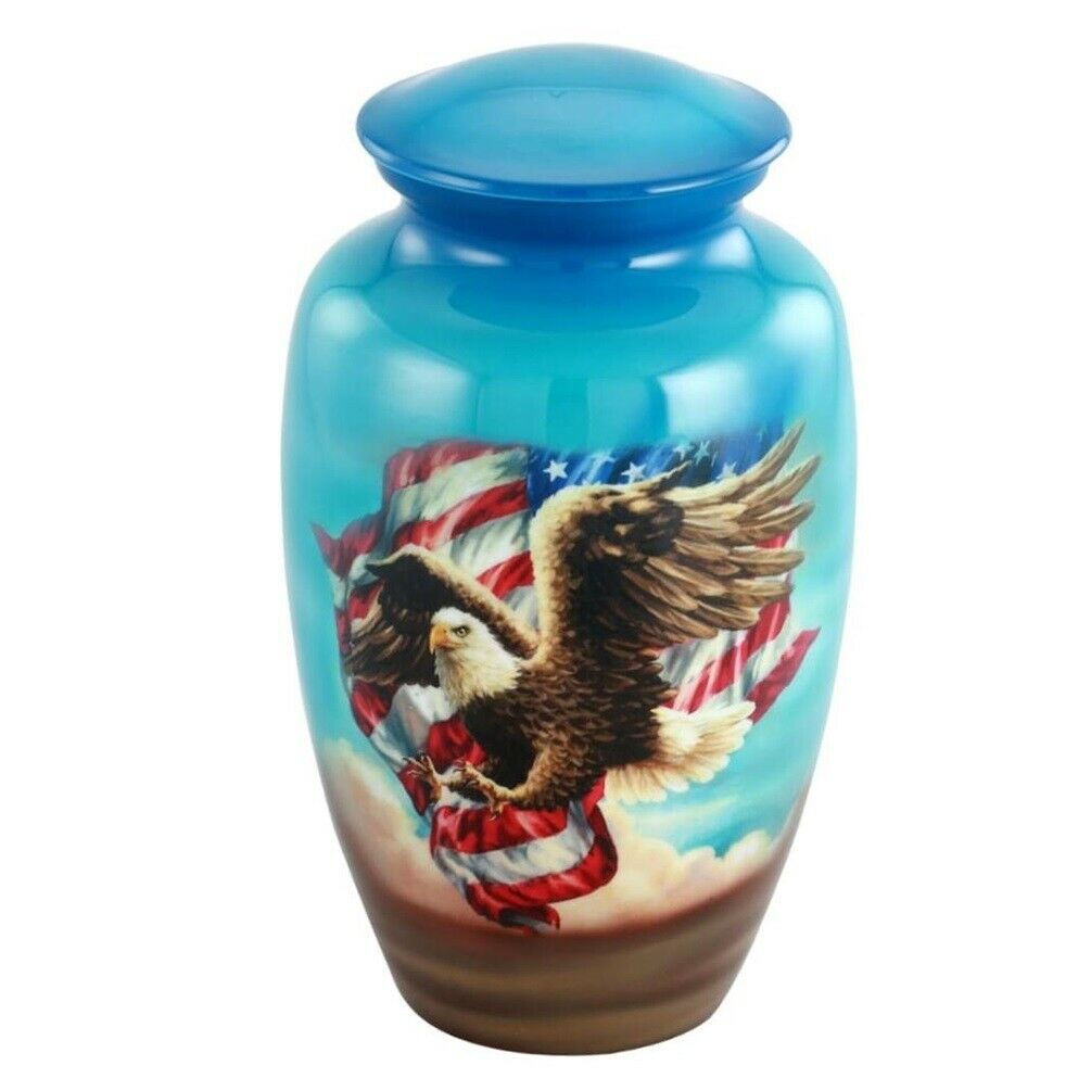 Large/Adult 210 Cubic Inch Metal American Eagle & Flag Funeral Cremation Urn