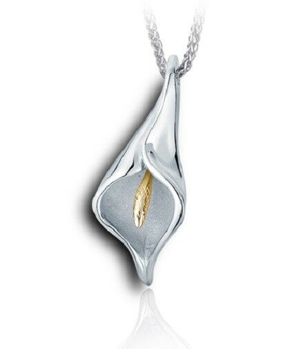 Sterling Silver & 10kt Gold Calla Lily Funeral Cremation Urn Pendant w/Chain