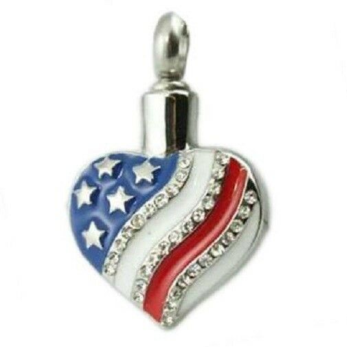 Stainless Steel American Flag Heart Cremation Urn Pendant w/20-inch Necklace