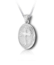 Load image into Gallery viewer, Sterling Silver Spanish Cross Oval Funeral Cremation Urn Pendant for w/Chain
