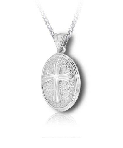 Sterling Silver Spanish Cross Oval Funeral Cremation Urn Pendant for w/Chain