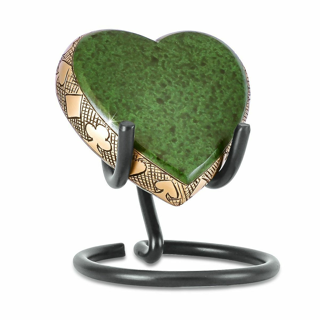 Small/Keepsake 3 Cubic Inch Green Poker Brass Heart Cremation Urn for Ashes