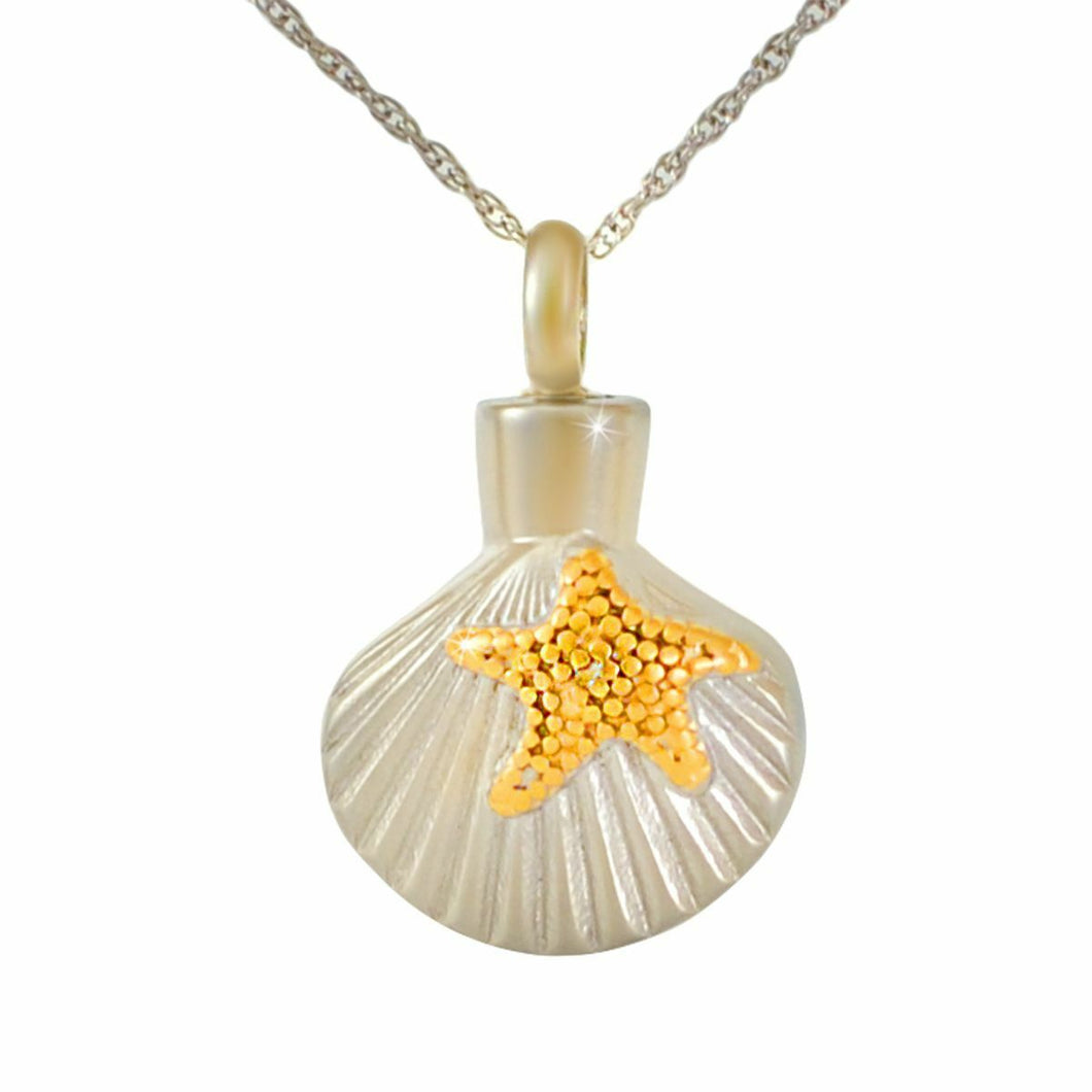 Gold Starfish on Stainless Steel  Shell Pendant Funeral Cremation Urn w/Necklace