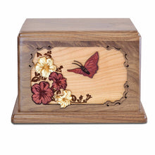 Load image into Gallery viewer, Large/Adult 210 Cubic Inch Brown Butterfly Wood Funeral Cremation Urn
