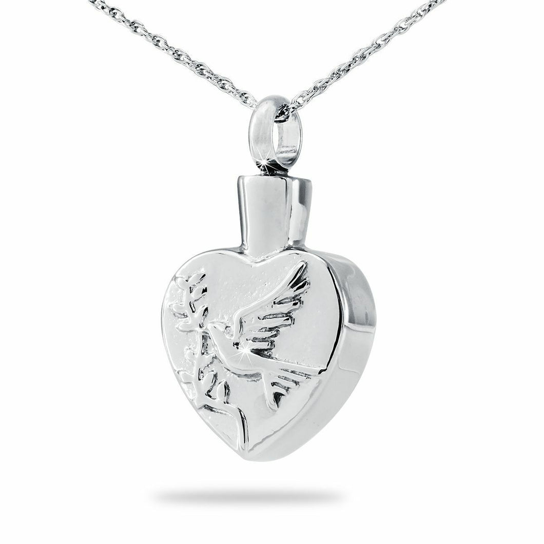 Stainless Steel Heart Dove Pendant Funeral Cremation Urn w/necklace