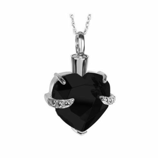 Sterling Silver Black Crystal Heart Pendant/Necklace Cremation Urn for Ashes