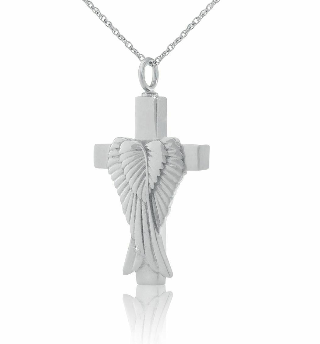 Sterling Silver Angel's Cross Pendant/Necklace Funeral Cremation Urn for Ashes