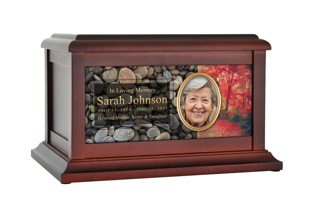 Large/Adult 200 Cubic Inch Red Leaves in Forest Wood Photo Funeral Cremation Urn