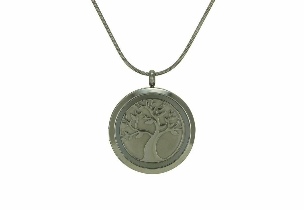 Stainless Steel Round Pewter Companion Funeral Cremation Pendant w/Tree