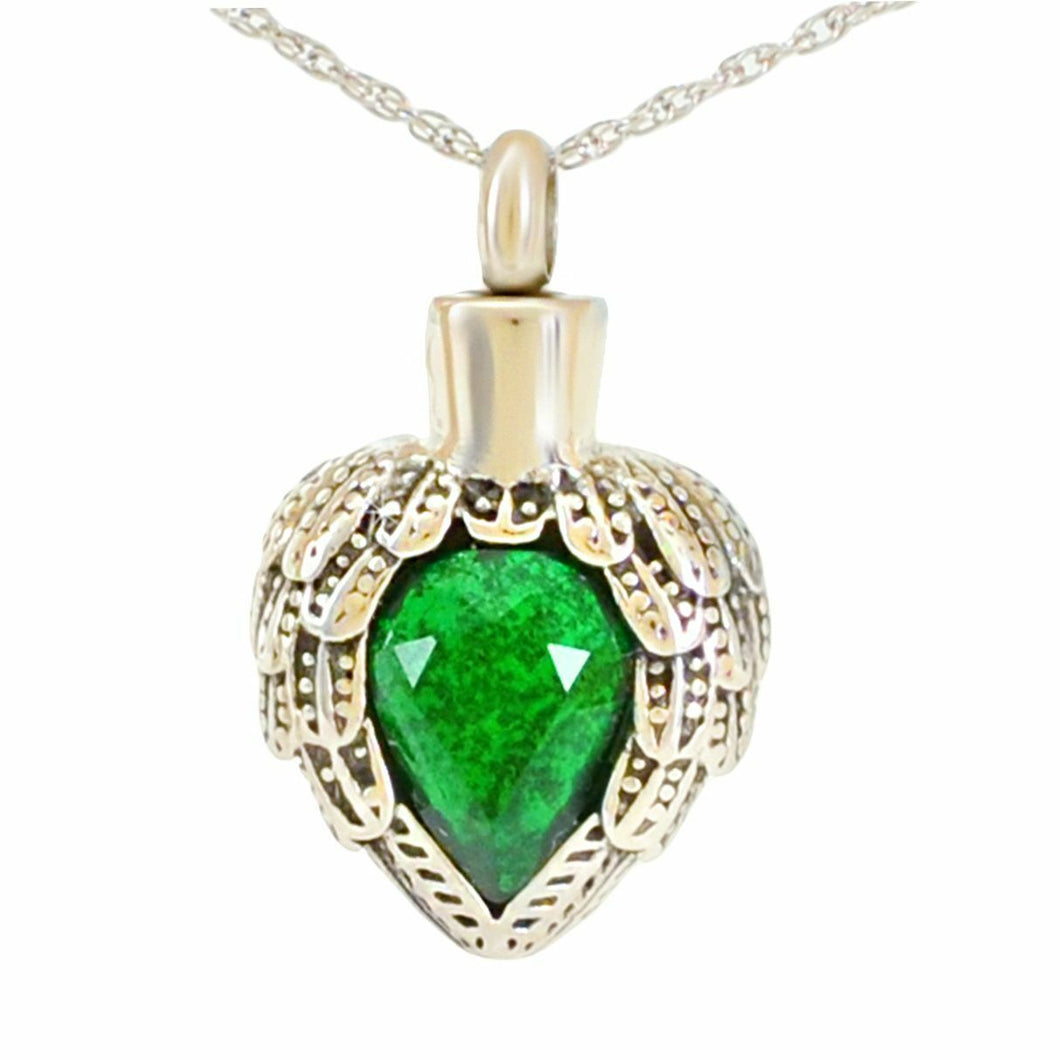 Winged Emerald Crystal Stainless Steel Pendant/Necklace Cremation Urn for Ashes