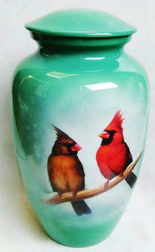 Large/Adult 200 Cubic Inch Colorful Cardinals Aluminum Funeral Cremation Urn