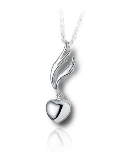 Sterling Silver Angel Wing with Heart Funeral Cremation Urn Pendant w/Chain