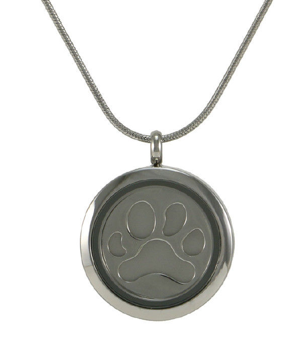 Stainless Steel Round Pewter Paw Print Pendant Cremation Urn for Ashes