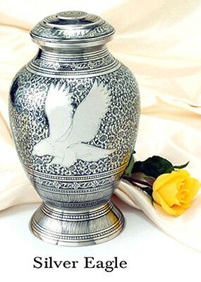 Silver Color, Adult Brass Eagle Funeral Cremation Urn w. Velvet Box, 225 Inches